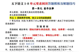 五年级下册语文阅读答题模板及技巧说明，按1-8单元要素归类图片