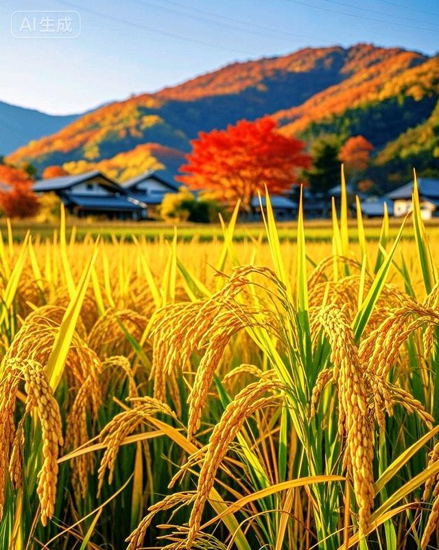稻浪金黄拥沃野，远山如黛秋意浓
