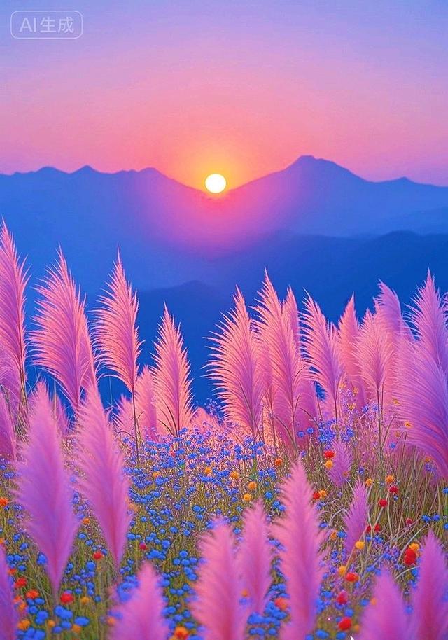 粉苇摇，彩花漫，日出染野太唯美了