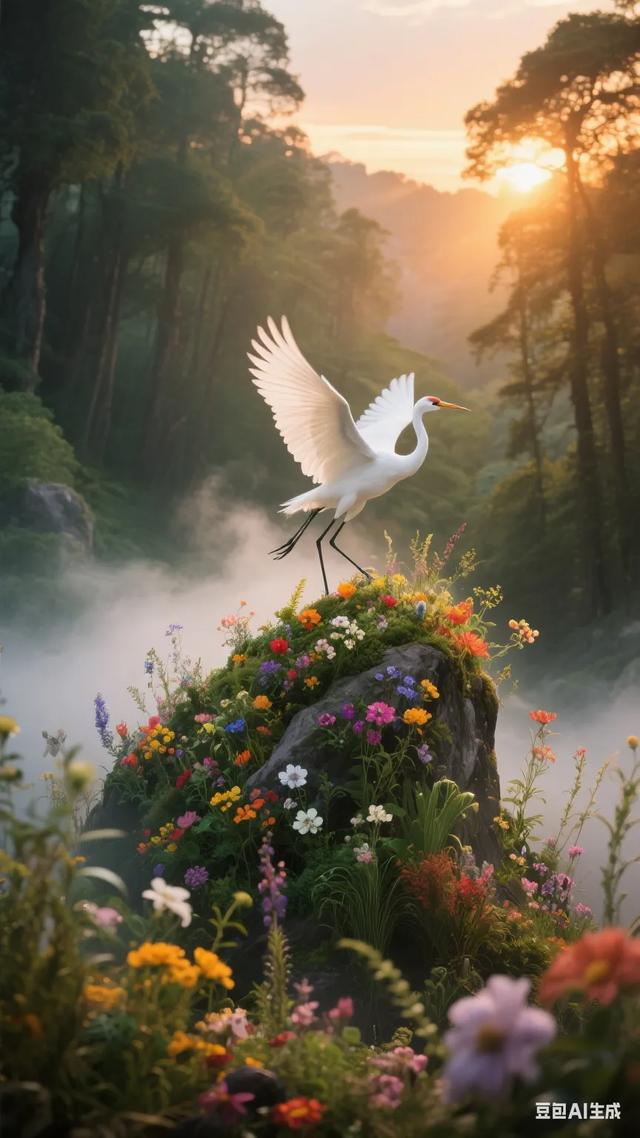仙鹤舞花田：邂逅唯美自然奇景
