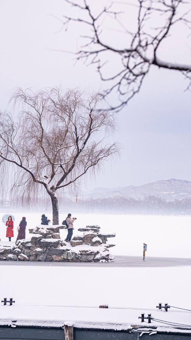 雪落廊桥，颐和园便成了半白半黛的水墨长卷。