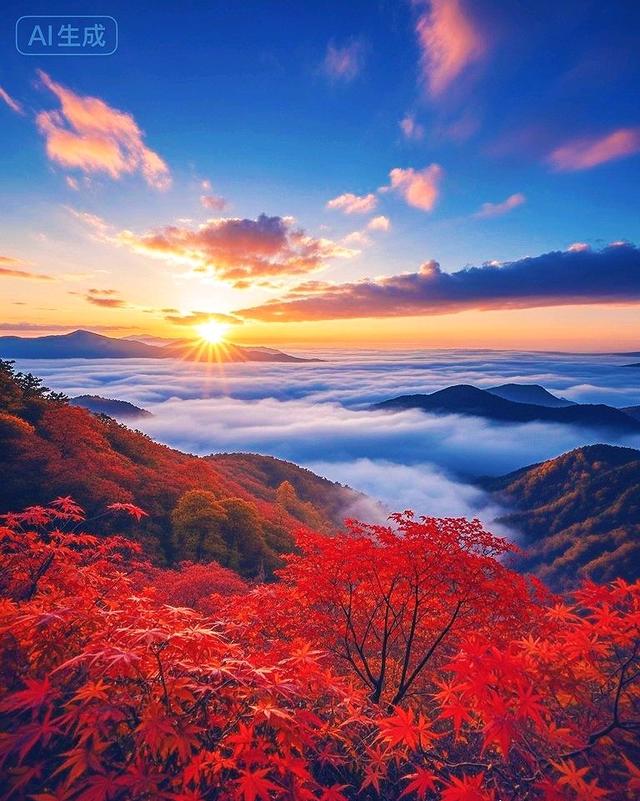 看秋天的第一场日出：红枫云海共舞，金阳初升美如画