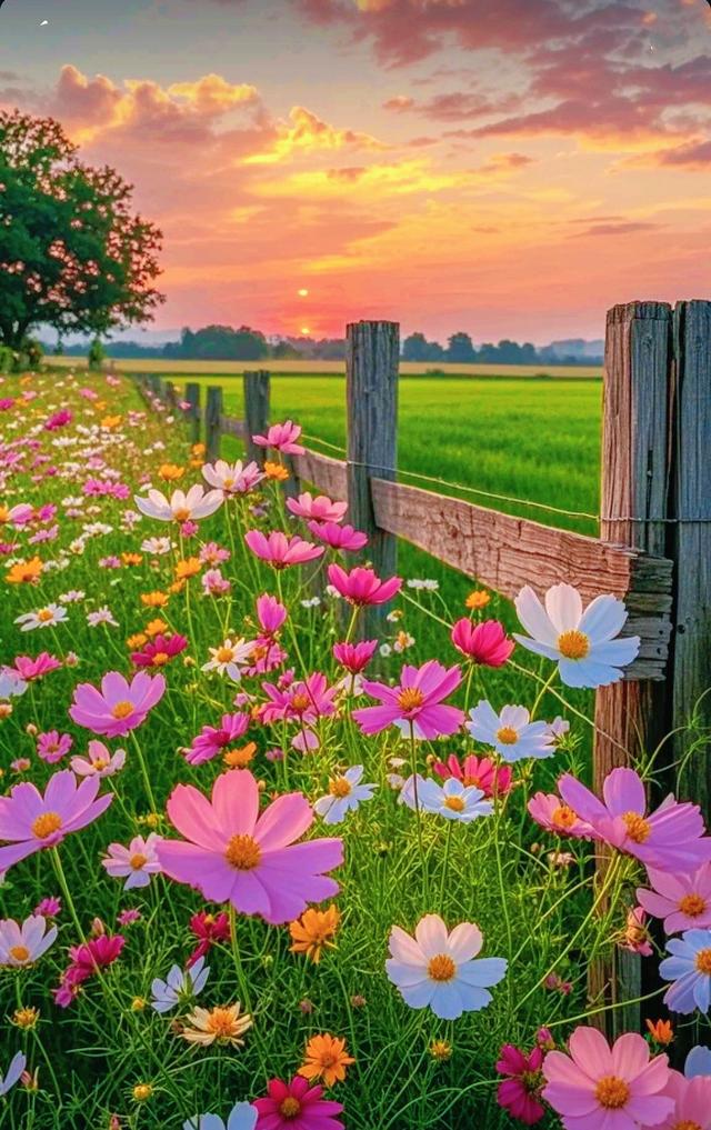 漫山花海裹挟温柔日落，目之所及尽是美好，这个景色真的好治愈啊