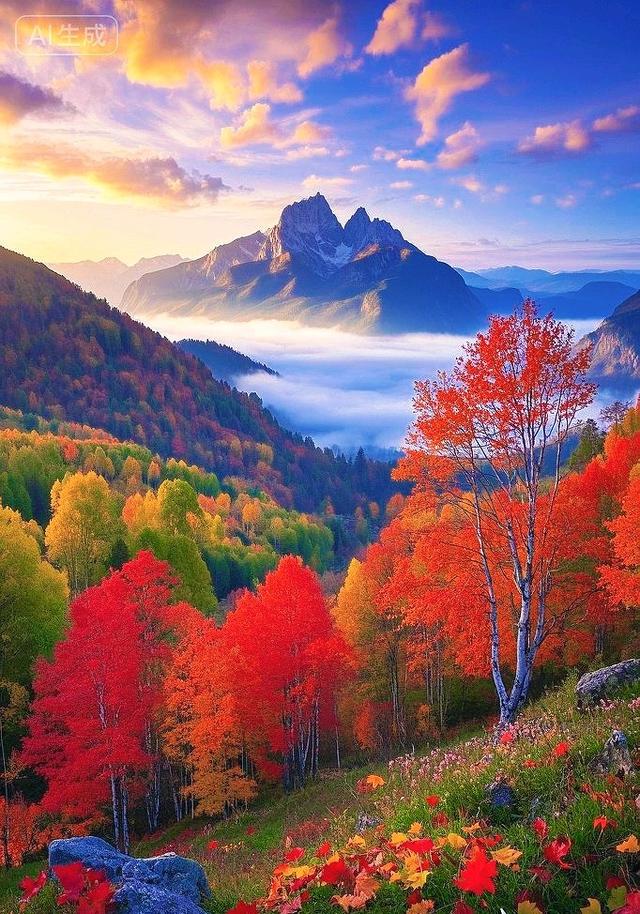 峰隐云间，秋林尽染