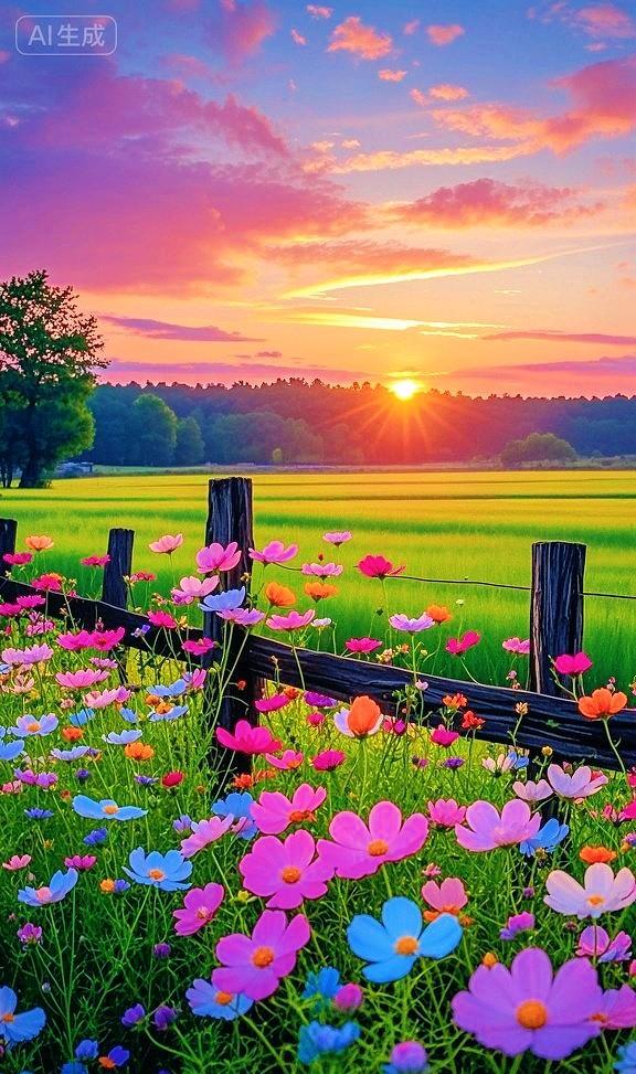 漫山花海裹挟温柔日落，目之所及尽是美好，这个景色真的好治愈啊