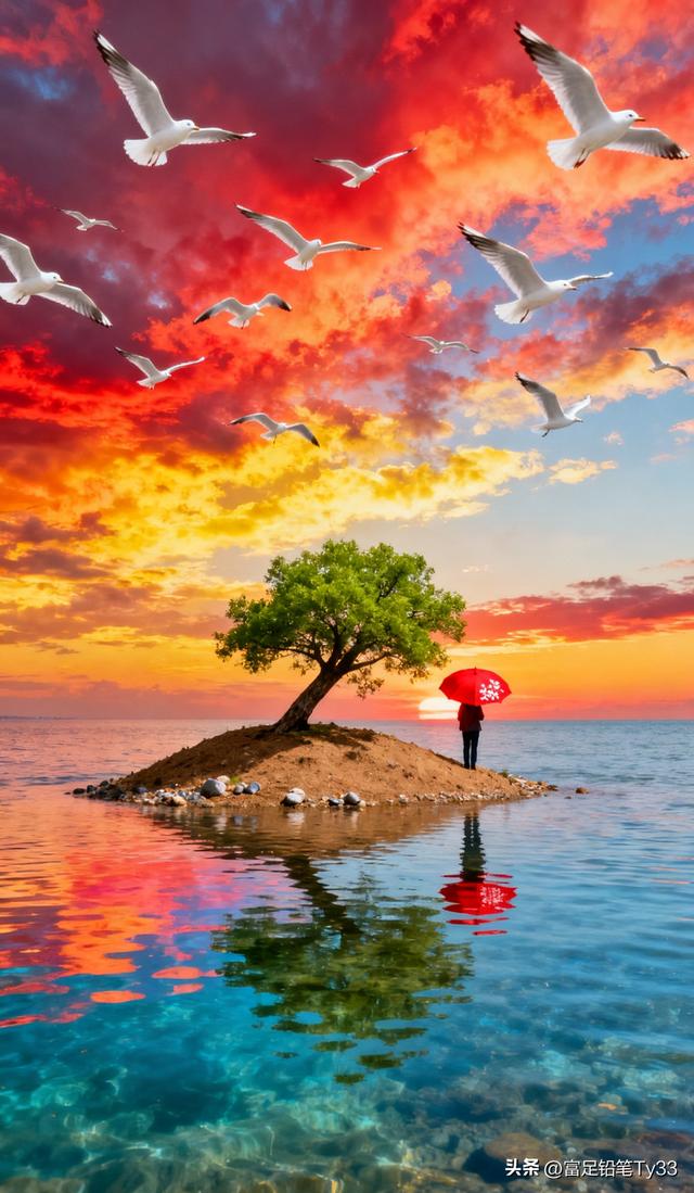 “海边孤树下的浪漫日落，撑伞人儿静享时光！”