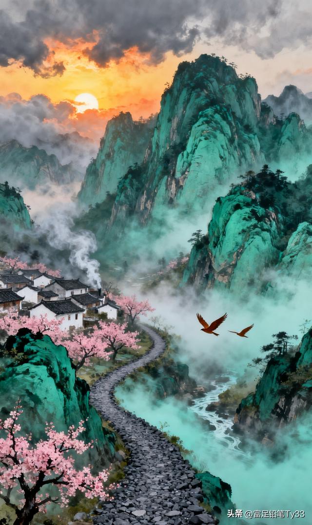 云雾缭绕的世外桃源，粉嫩樱花映衬古村落，仙境般的宁静与美丽！