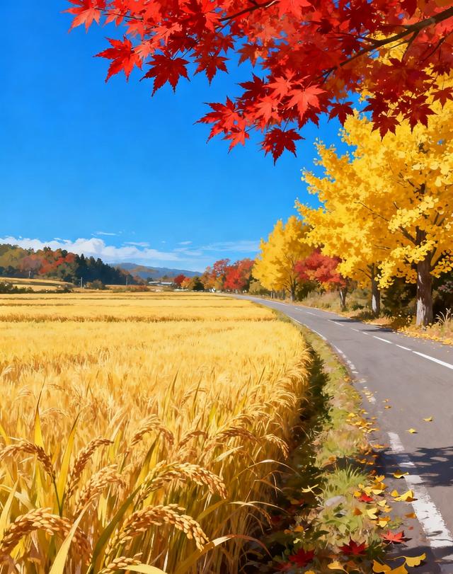 当蓝天撞了枫杏色，稻田就漾开了满季金黄