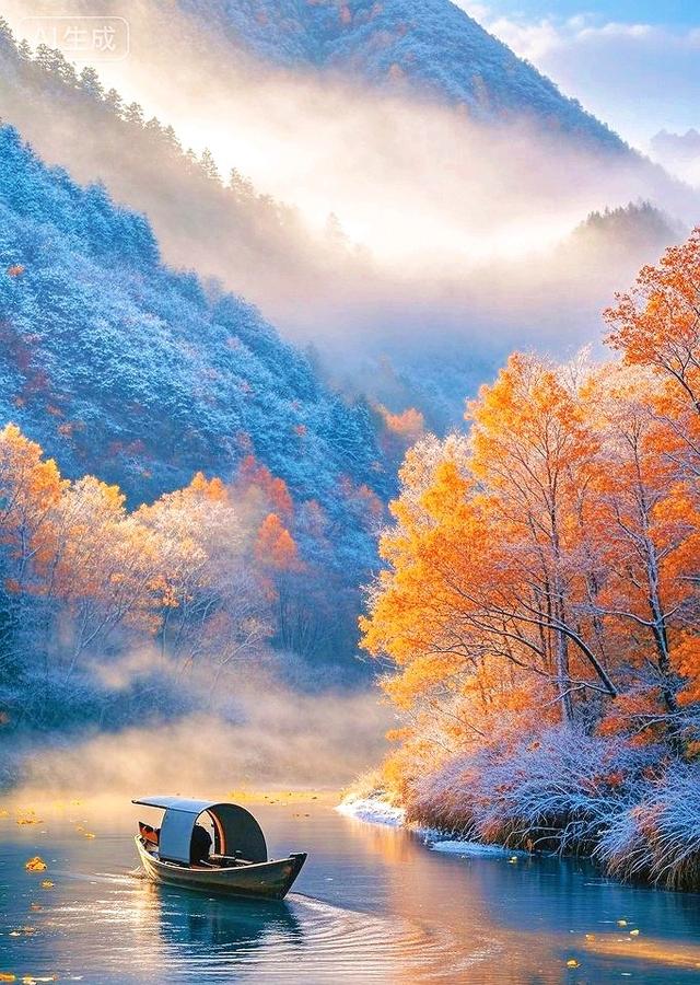 初雪吻过的金林，在镜湖里映成冰峰的温柔