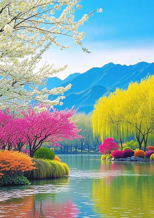 树染湖光，这湖景是把所有色彩都铺成了画