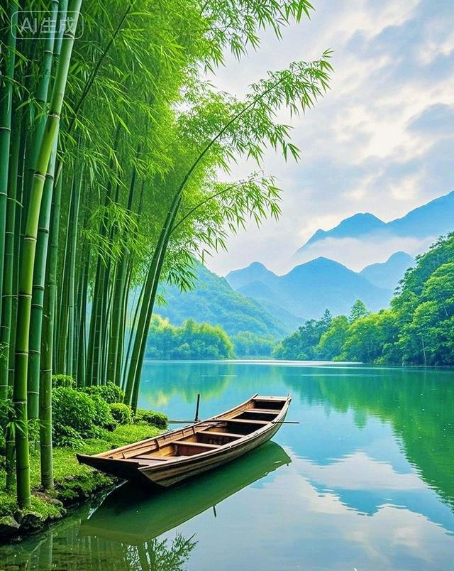竹林繁花、澄澈湖水、连绵青山与漫天云絮，一幅绝美的山水画卷！