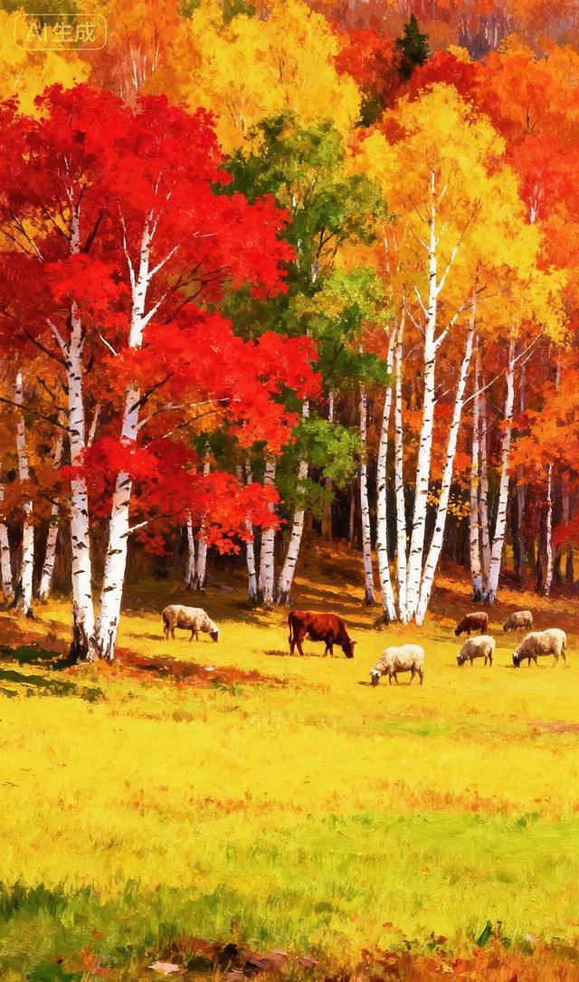 层林染金：秋野里的牛羊与彩树