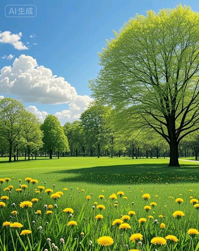 在蒲公英花海的阳光里，绿树盎然绿意，这风景太治愈了
