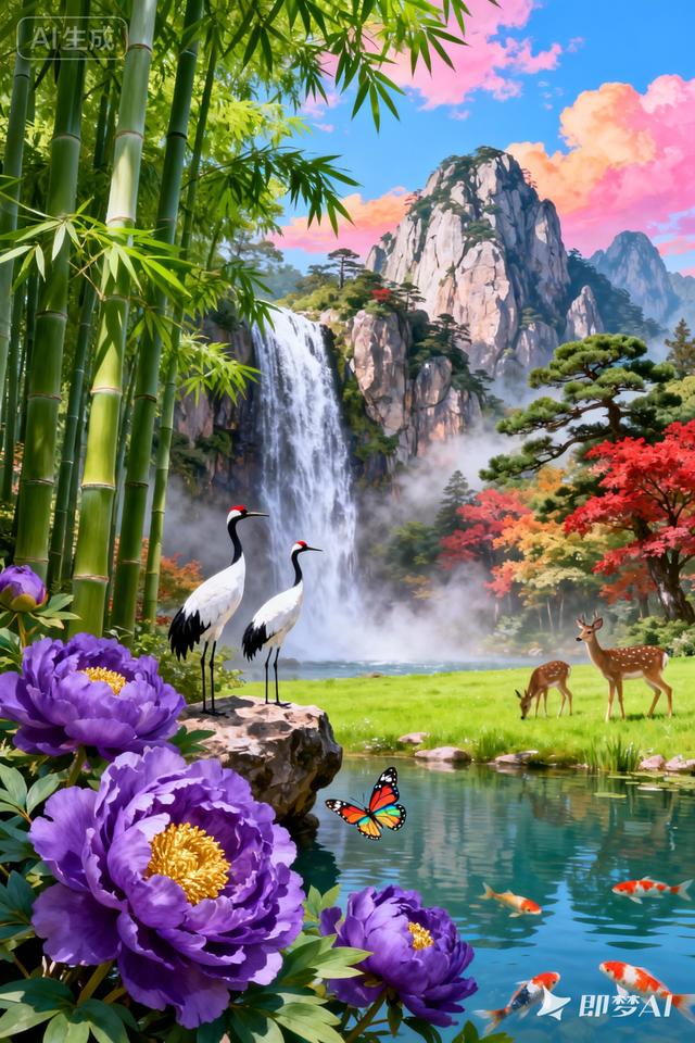 翠竹丹鹤映紫牡丹，仙山瀑布伴锦鲤，满眼皆是好风光