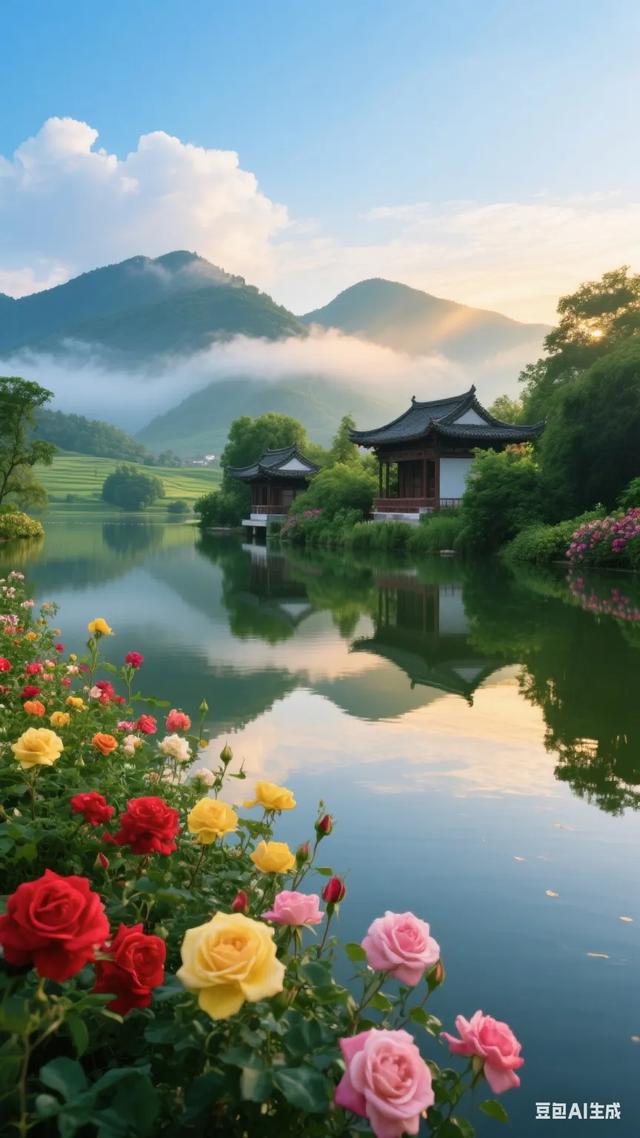 梦幻般的世外桃源，静谧的湖面倒映着古色古香的建筑，宛如仙境！