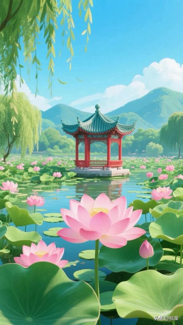 满塘盛开着粉嫩的荷花，宽大翠绿的莲叶层层叠叠，尽显生机与美丽