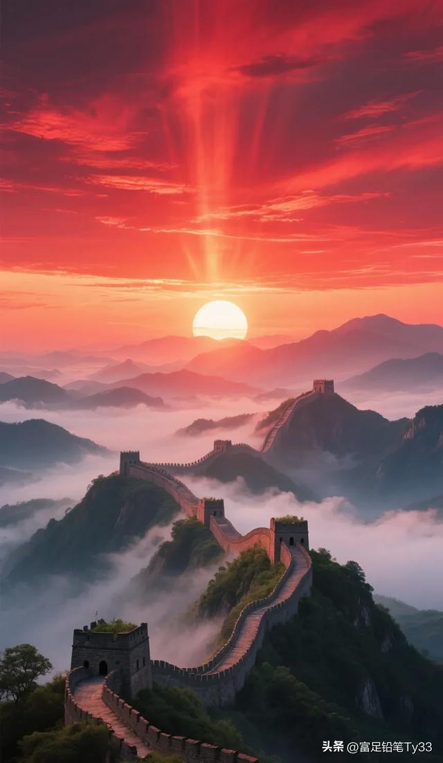 晨曦中的长城，如巨龙般蜿蜒盘旋，云海翻腾花海绚烂，美不胜收！
