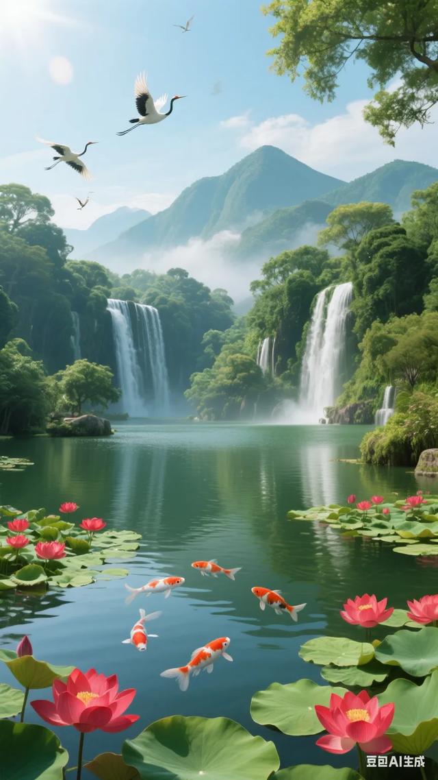 梦幻仙境，飞瀑流泉，锦鲤戏水，白鹭翱翔，大自然的诗意画卷！