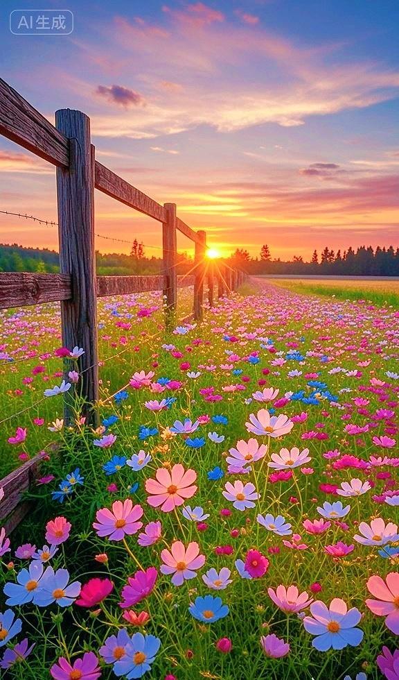 漫山花海裹挟温柔日落，目之所及尽是美好，这个景色真的好治愈啊