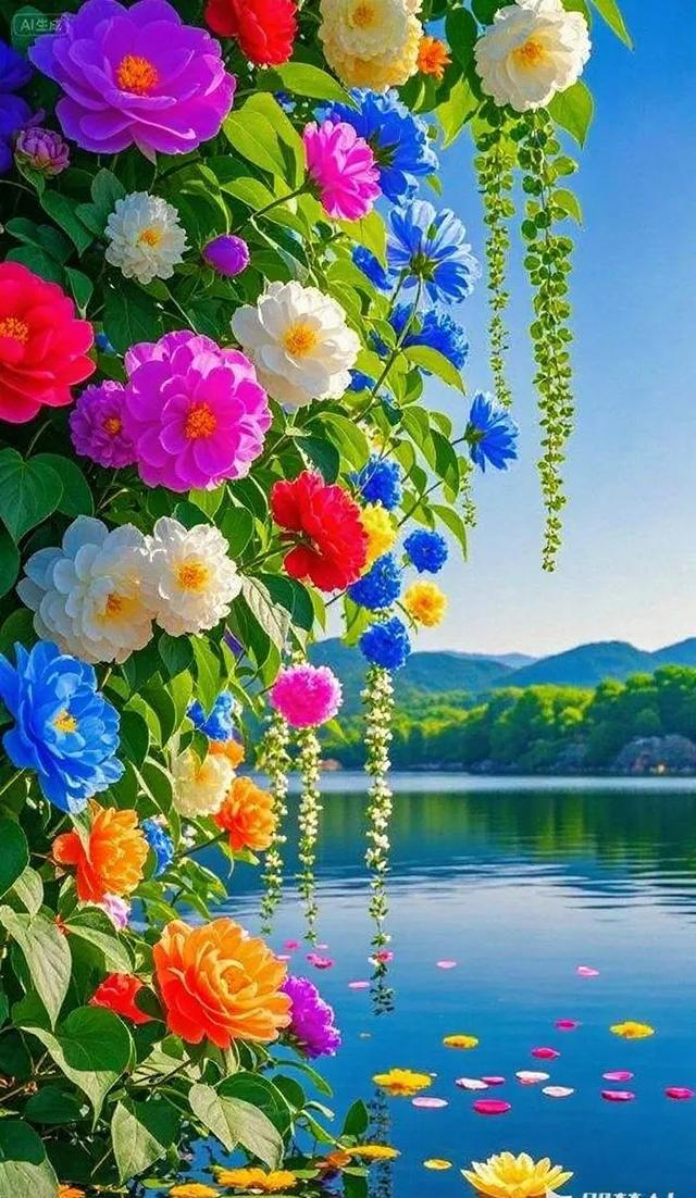 五彩繁花垂湖岸，山水共赏好风光