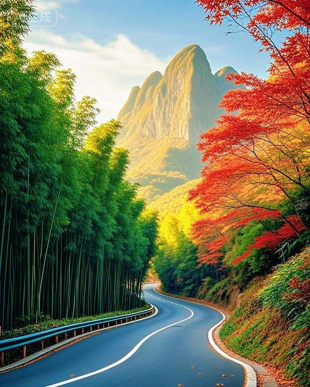 彩林竹海环山径，一径斑斓入画来