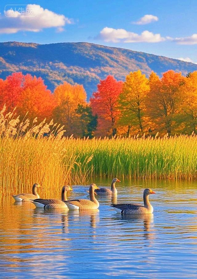 秋湖漾金波，灰雁悠然游，彩林裹暖光，好治愈～