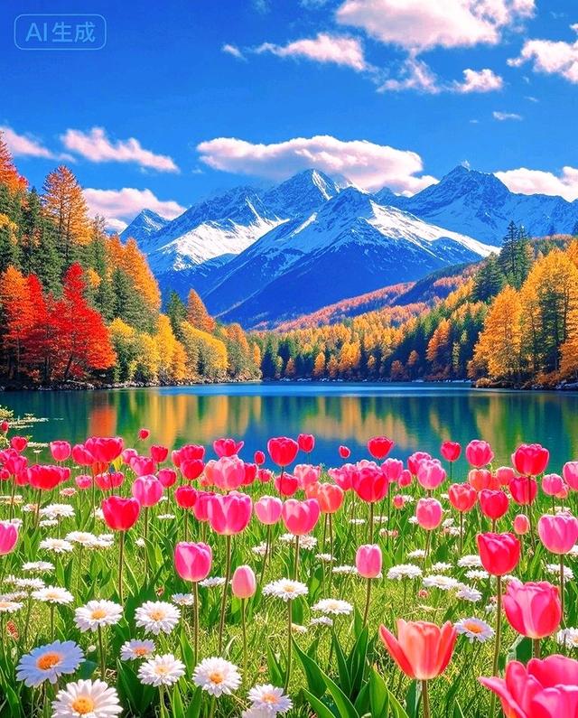 雪山遇见秋林花海，天地间的色彩狂欢