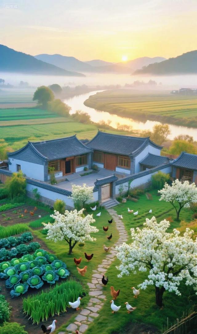 是谁的梦中院子，鸡鸭满园、菜绿花香，远山雾霭超治愈