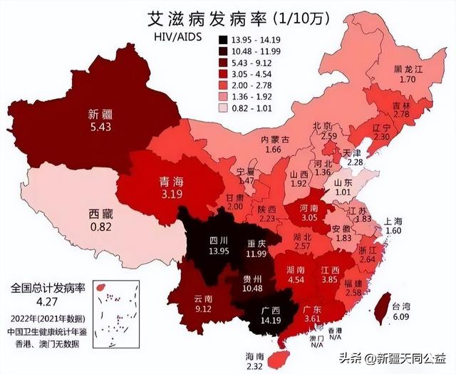 全国艾滋病毒感染者高发省份人数排名