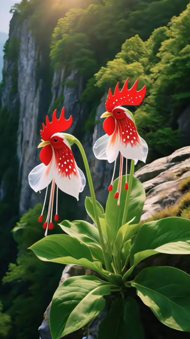 奇花热烈地绽放着，如昂首挺胸的大公鸡，火红的冠子昂扬。