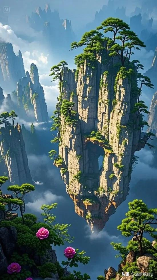 在云雾缭绕的奇幻之境，张家界悬浮山宛如超脱尘世的仙岛傲然矗立