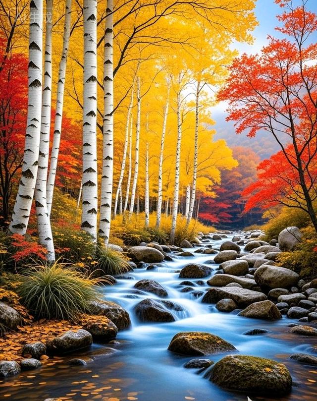 当白桦林染上金黄，红枫点燃溪岸，秋叶与石共织治愈秋景