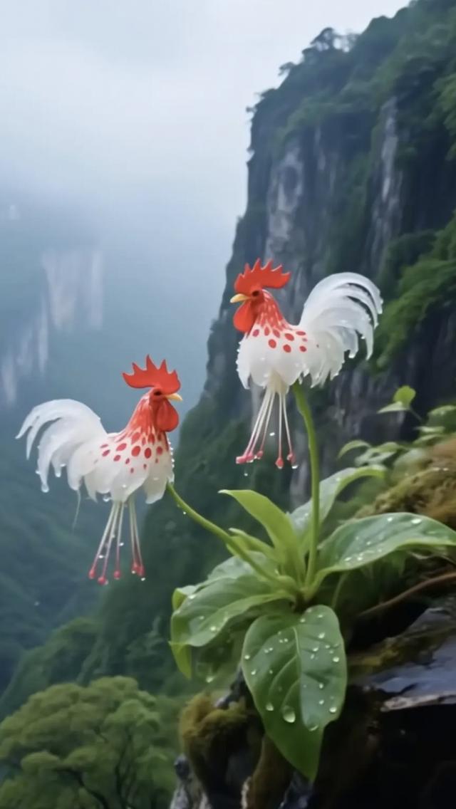 奇花热烈地绽放着，如昂首挺胸的大公鸡，火红的冠子昂扬。