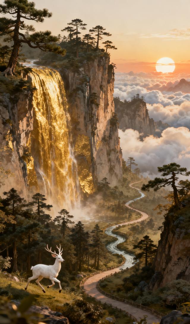仙境瀑布，白鹿飞奔，梦幻山水，如梦如幻！