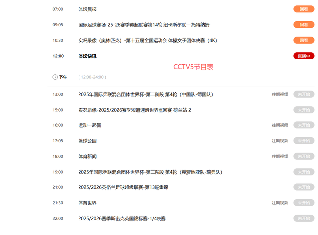 中央5台直播乒乓球时间表：12月5日CCTV5直播国乒！附世界杯赛程
