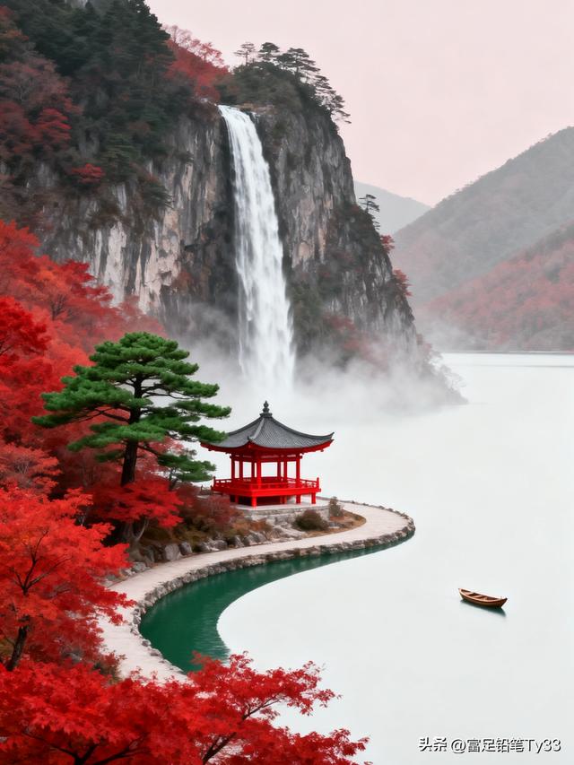 秋日仙境，红叶映碧水，古塔倚瀑布，静谧如画！