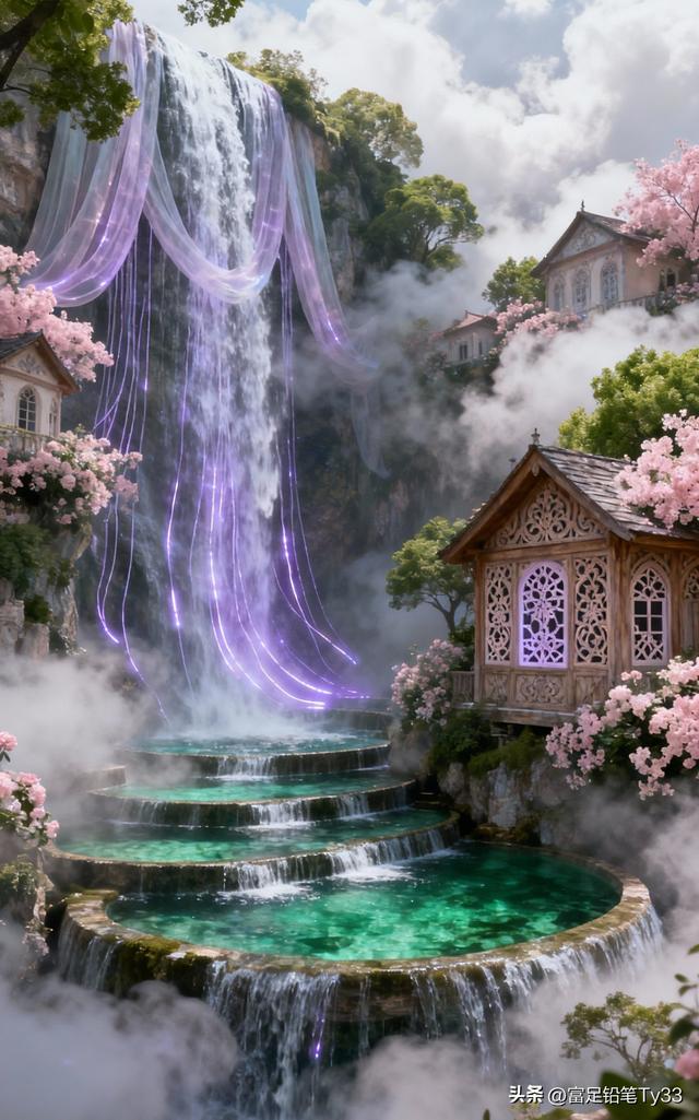 梦幻仙境，瀑布飞流，花海环绕，如梦如幻！🌸💦🏰
