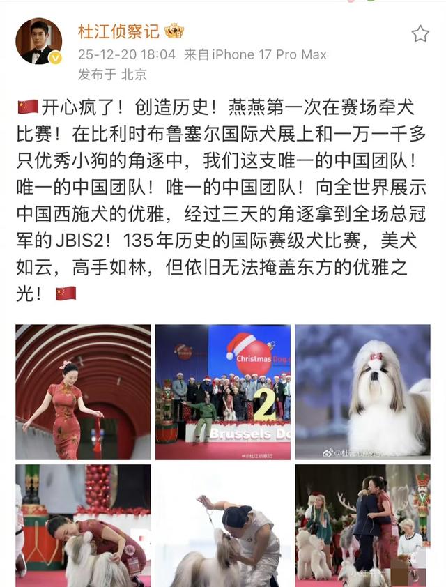 霍思燕携爱犬参加国际比赛获得全场总冠军，杜江自豪发文
