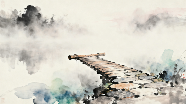 晨雾缭绕	，远处的村庄若隐若现，如梦似幻