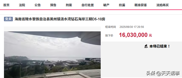 台风还没有来前，海南陵水一栋豪宅别墅拍卖，被人底价1603万买下