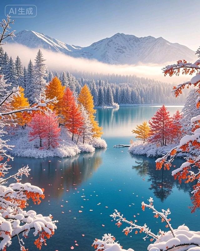 雪山彩林映湖光，一半秋意一半冬