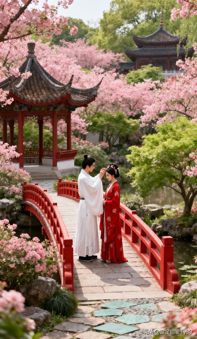 在古风园林中，情侣共享浪漫时光，花海与红桥相映成趣！