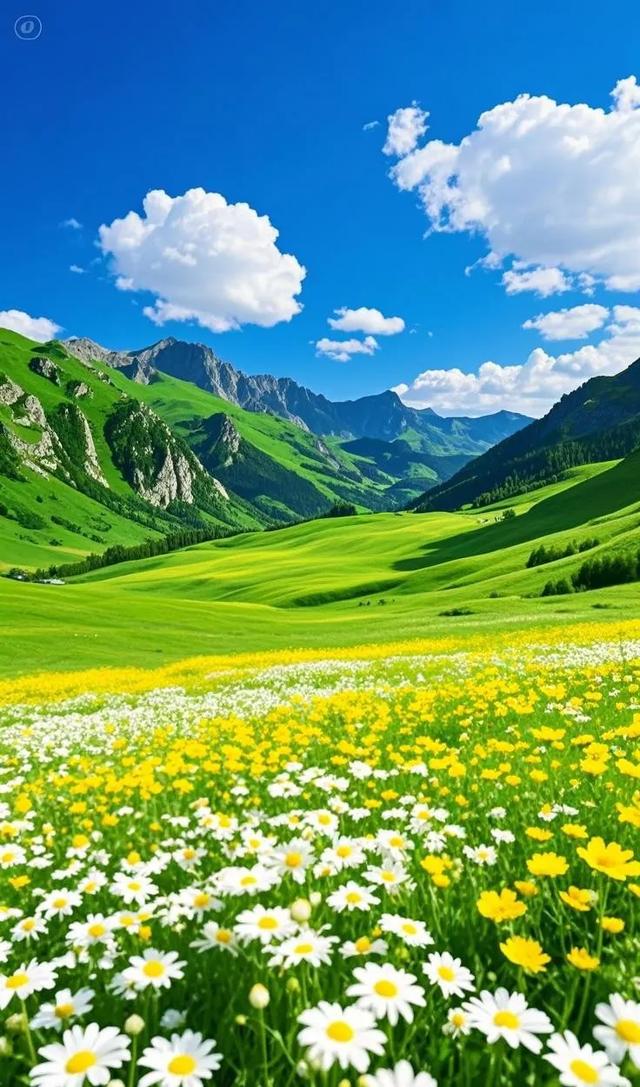 蓝天白云、花草交织的景象，格外治愈
