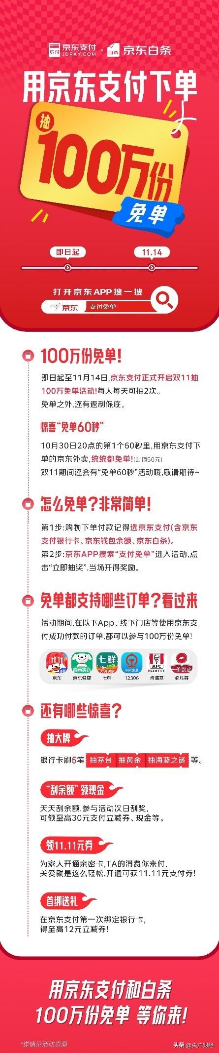 京东支付请网友吃外卖 11.11百万份免单福利持续开启