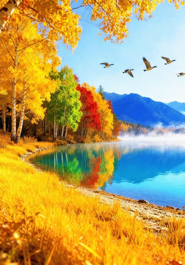 秋日湖泊彩林