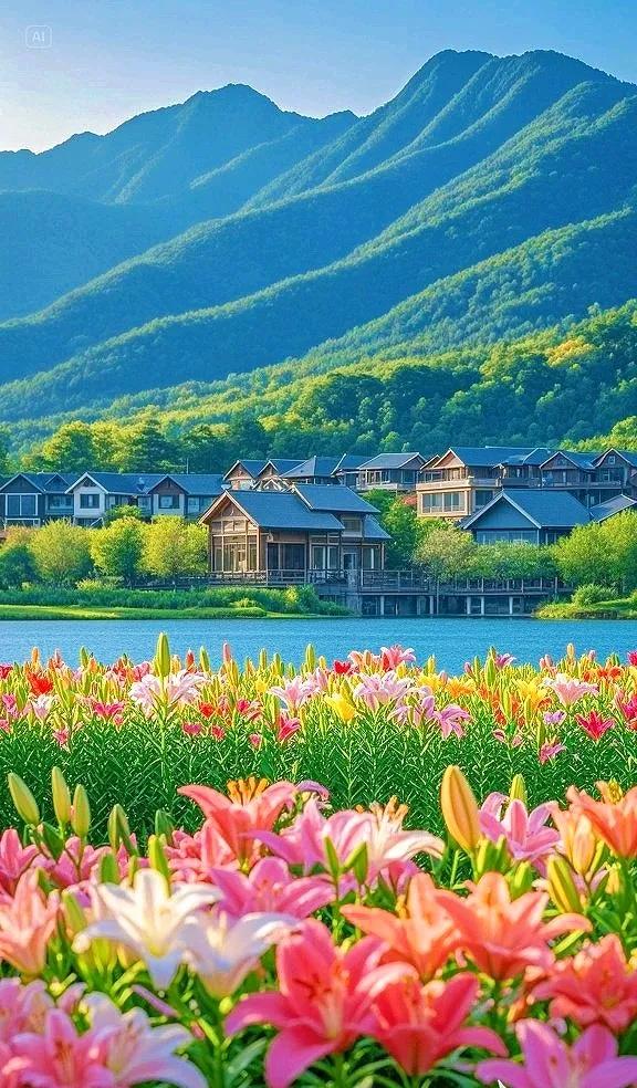 湖光山色相伴，百合花繁花似锦，这般景色，实在怡人