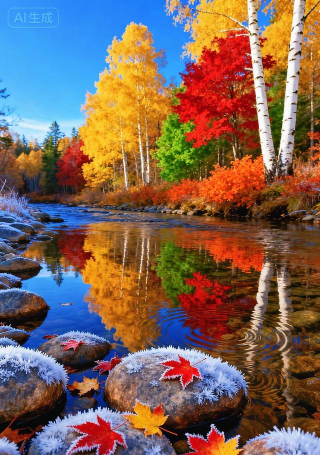 霜覆溪石，枫染红黄，秋溪藏尽斑斓色