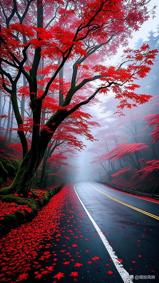 雾霭轻抚山峦，红枫似火