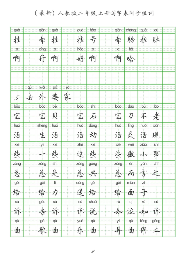 最新2024版人教二年级上册生字组词、同步字帖(建议收藏打印)
