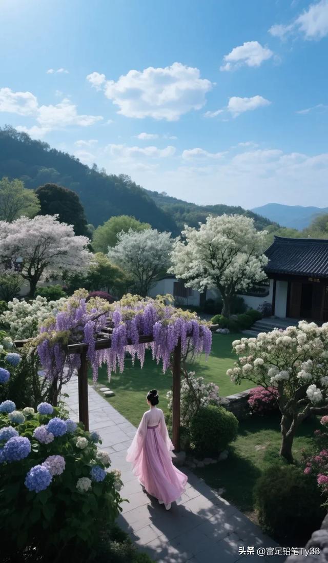 穿越回古代，漫步在粉色的花海中，感受古风之美！